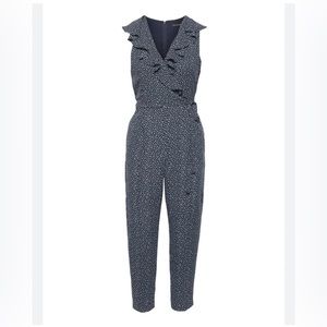 Banana Republic Ruffle V-Neck Straight Leg Crop Jumpsuit in Navy Leaf Dot | 8